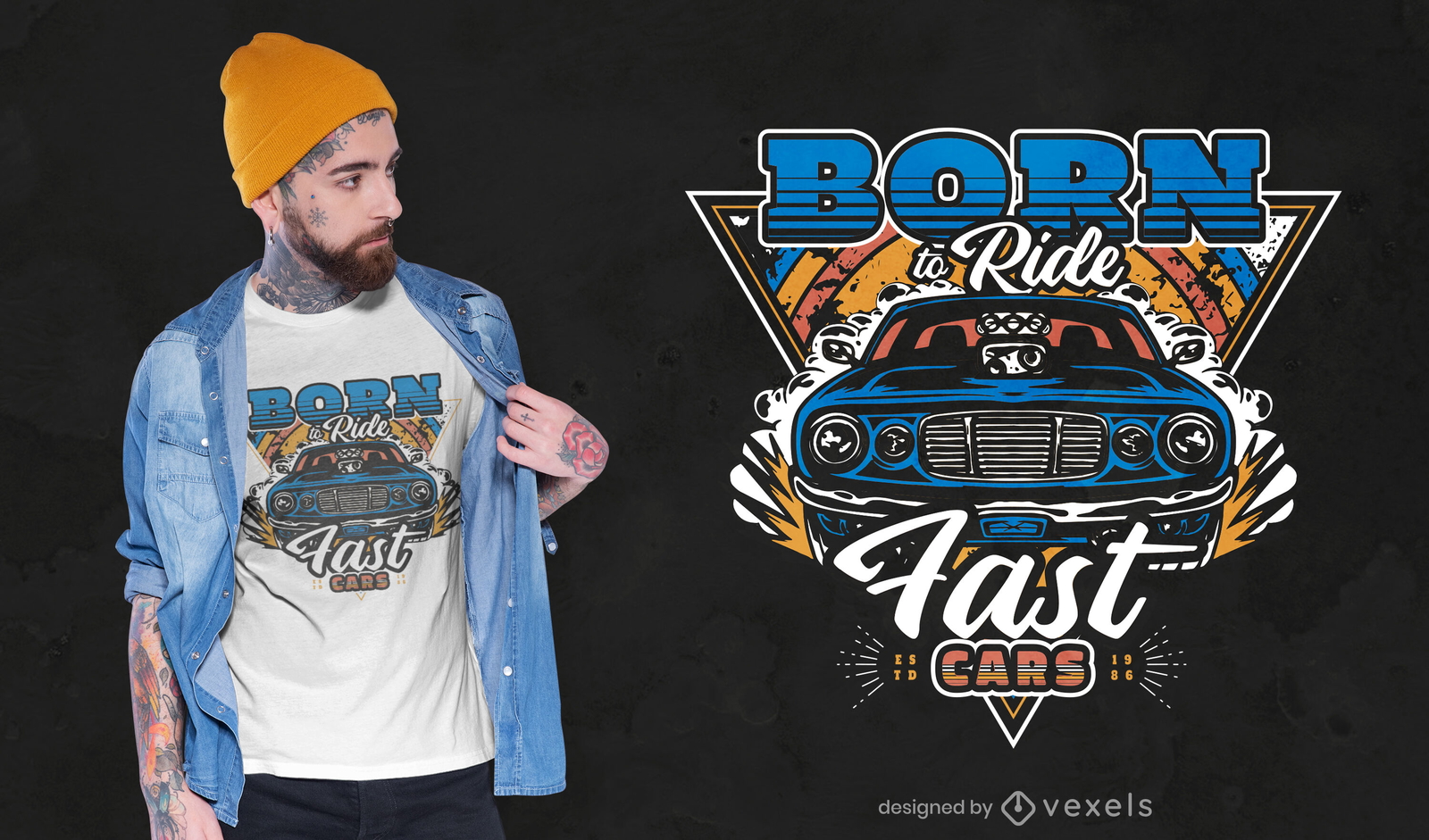 Diseño de camiseta de carreras de autos azules hacia adelante.