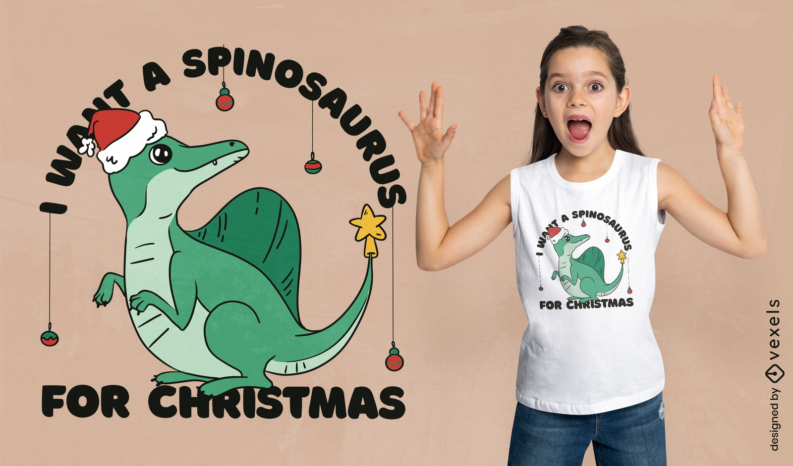 Lindo diseño de camiseta de dinosaurio navideño