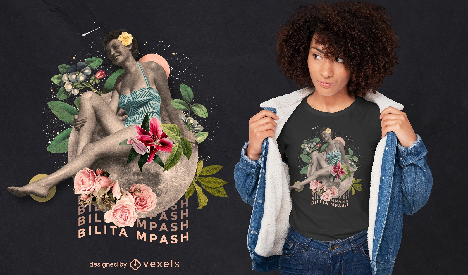 Mujer con flores luna PSD diseño de camiseta.