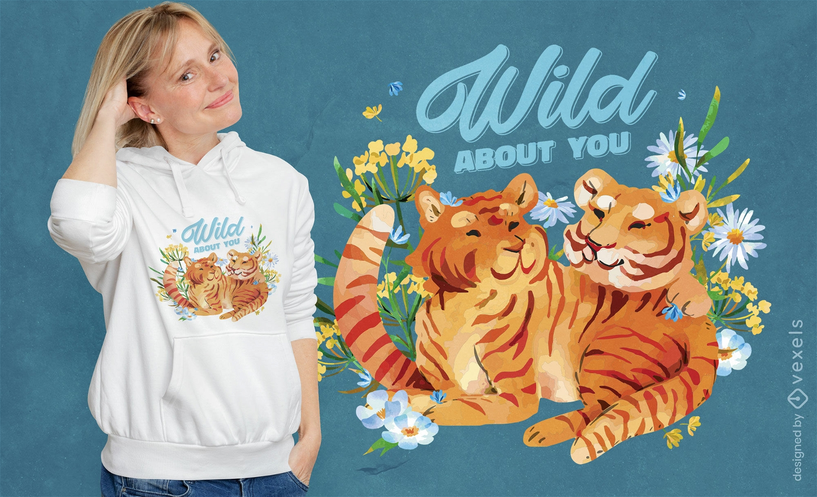 Design de camiseta floral casal tigre