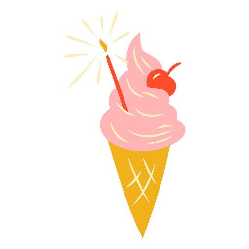 Ice cream cone with a cherry and candle on top PNG Design