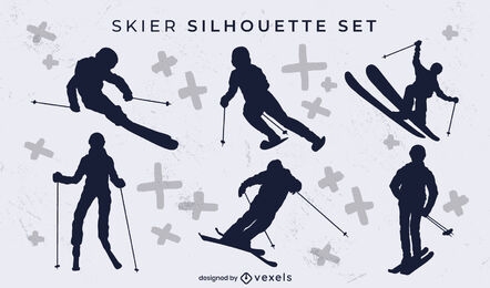 Skiing winter sport with silhouette set