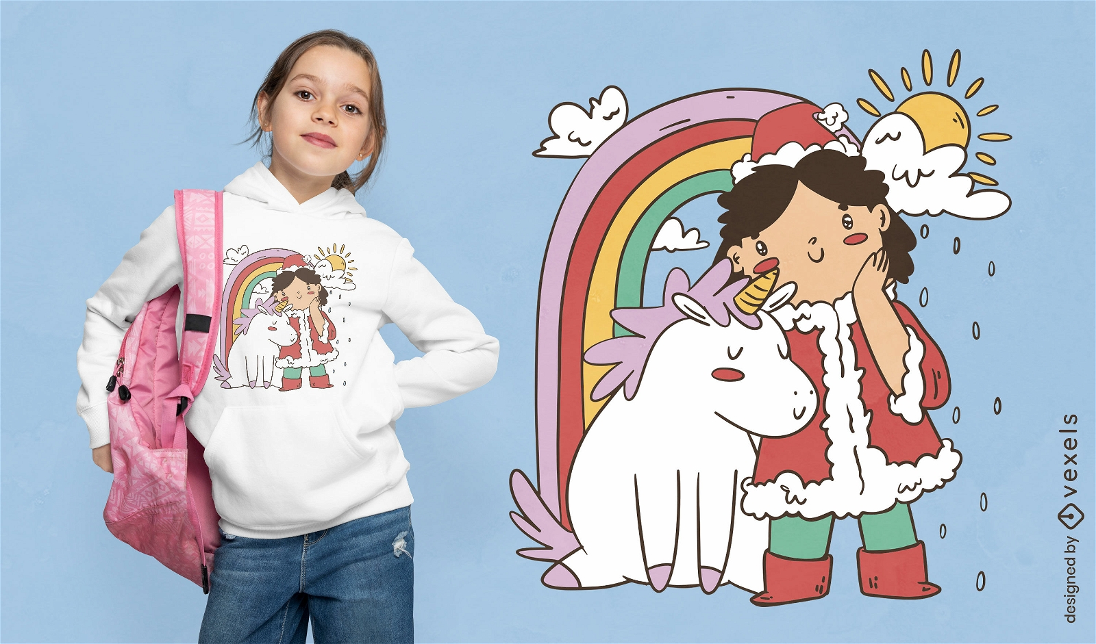Diseño de camiseta de unicornio arcoíris y niña navideña.