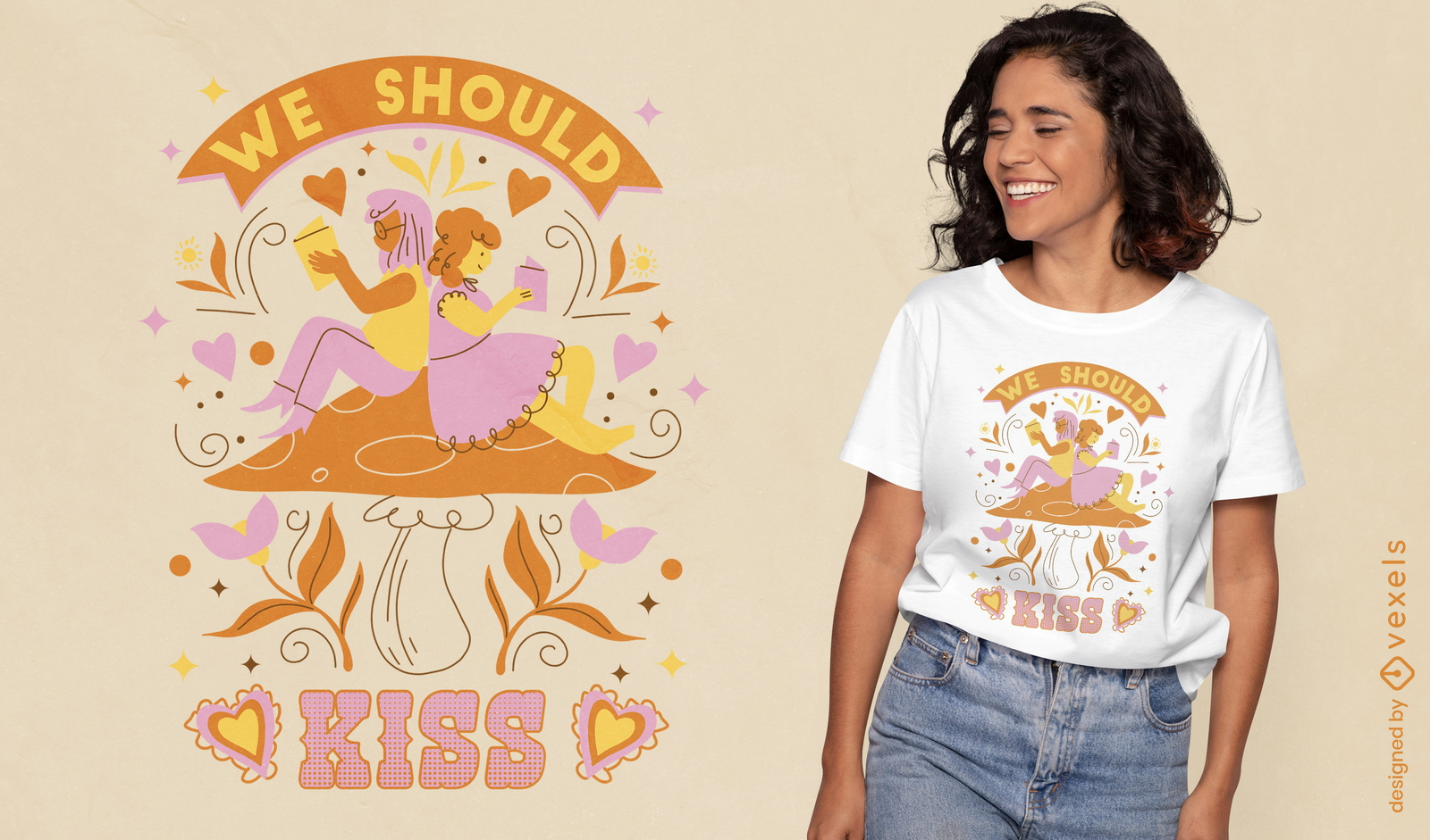 Couple on a mushroom kiss quote t-shirt design