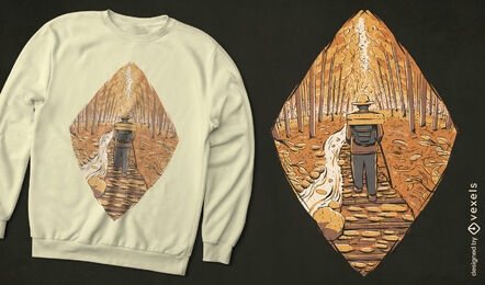 Mann, der im Herbstwetter-T-Shirt-Design wandert