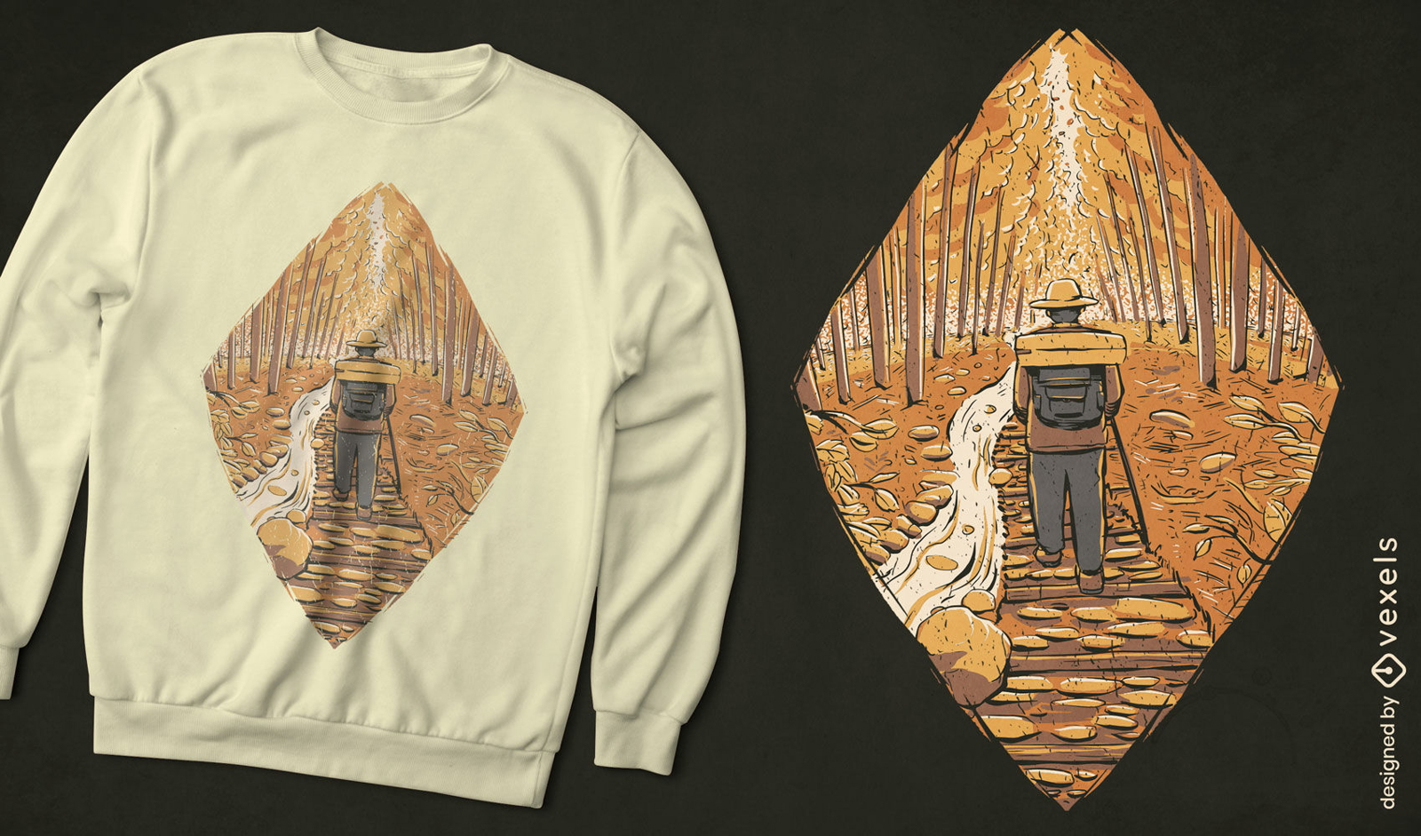 Hombre caminando en el diseño de camiseta de clima otoñal.