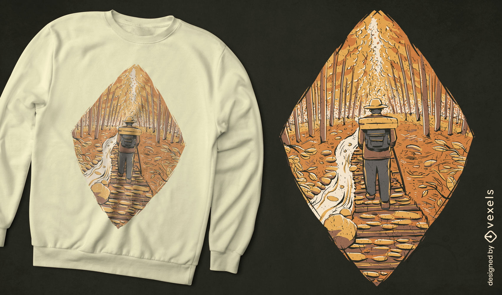 Mann, der im Herbstwetter-T-Shirt-Design wandert