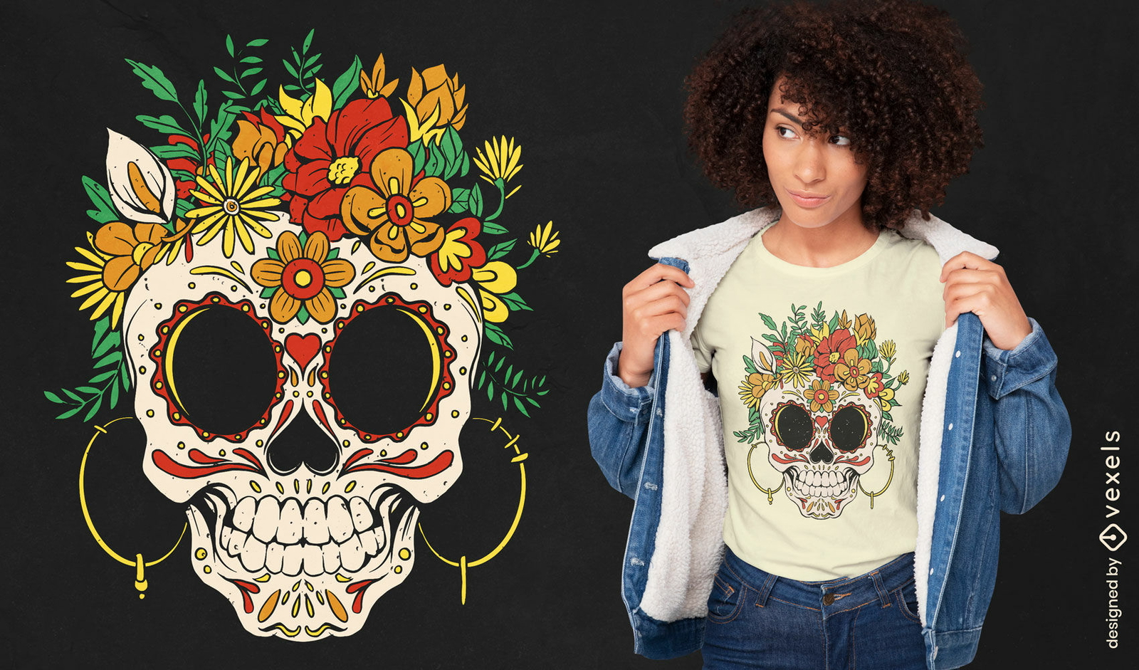 Diseño de camiseta de calavera de azúcar y flores.