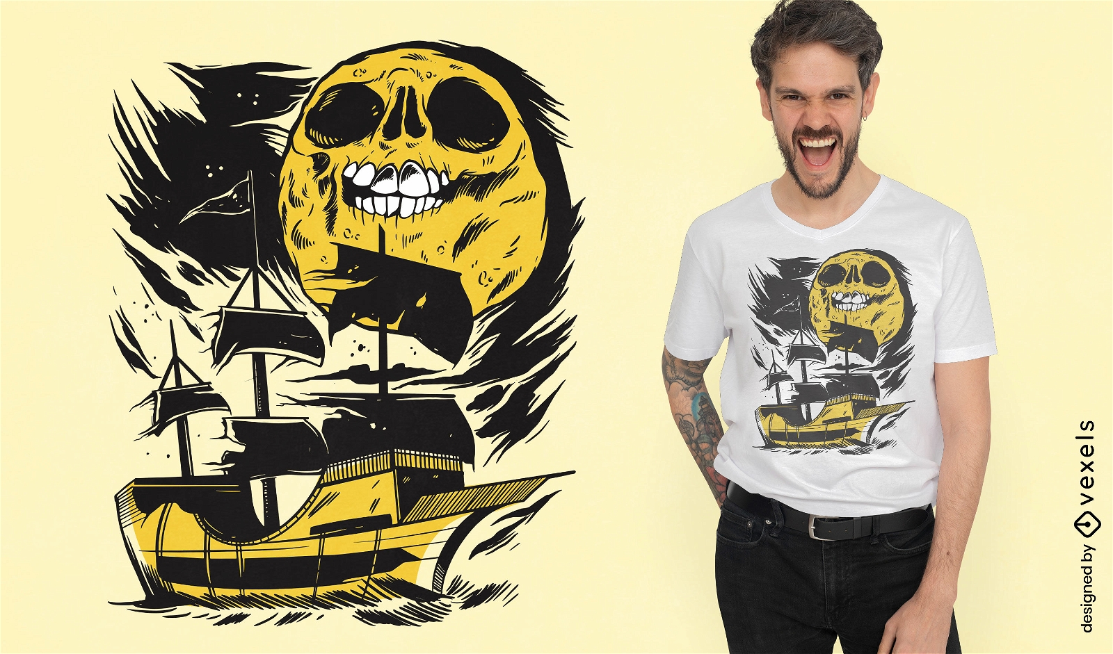 Design de camiseta de lua de navio e caveira