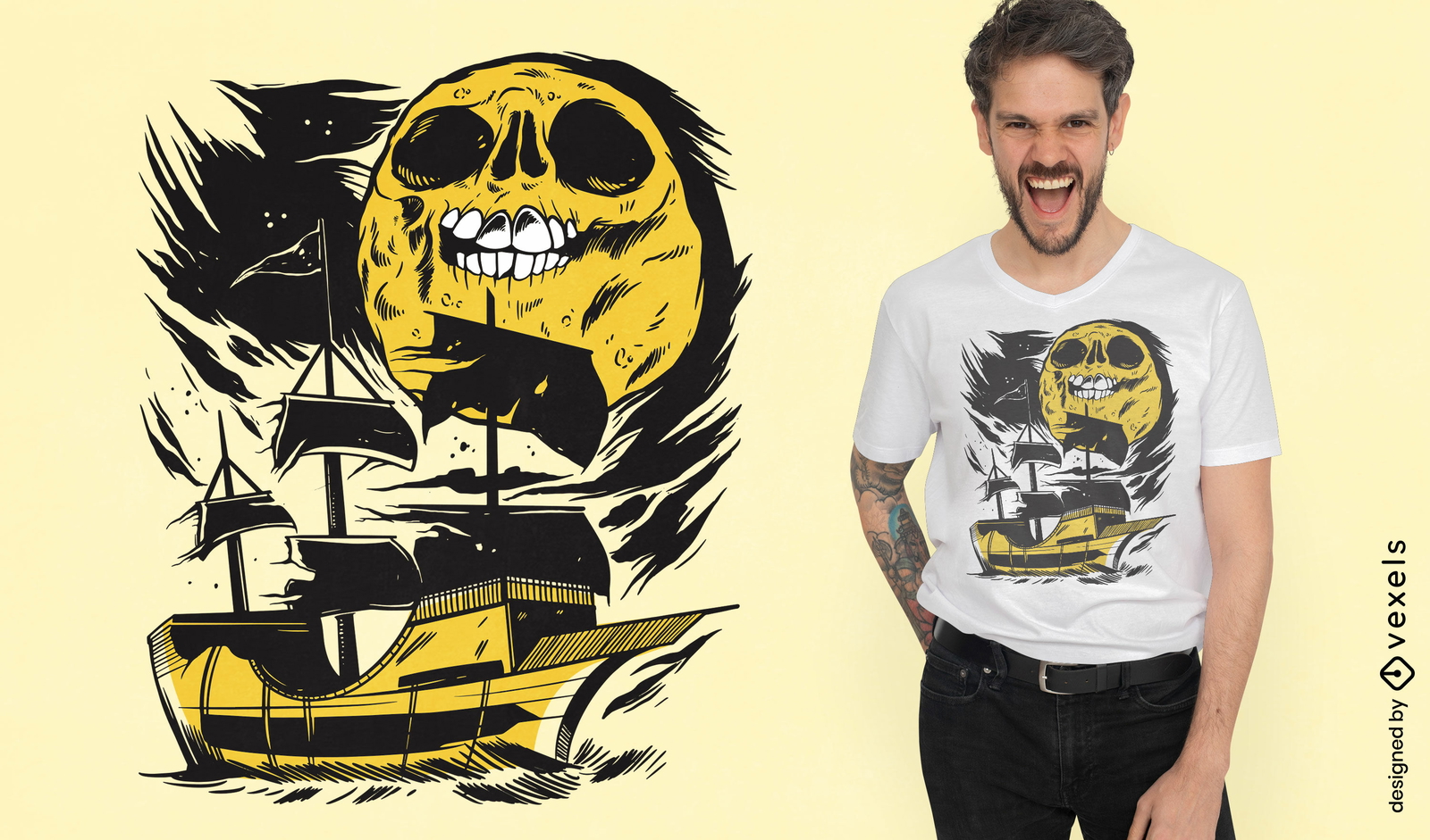 Diseño de camiseta de nave y luna de calavera.