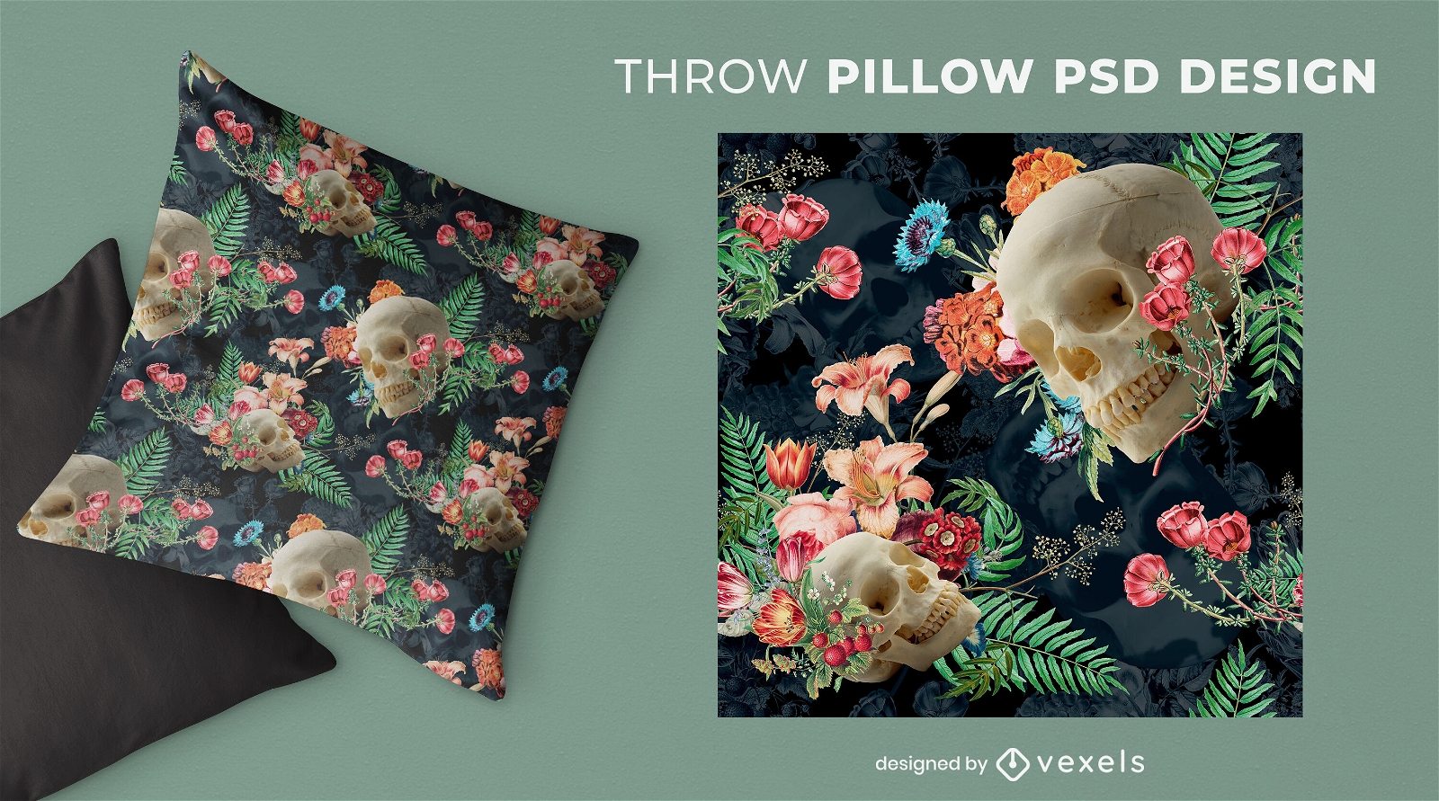 Floral skulls throw pillow design