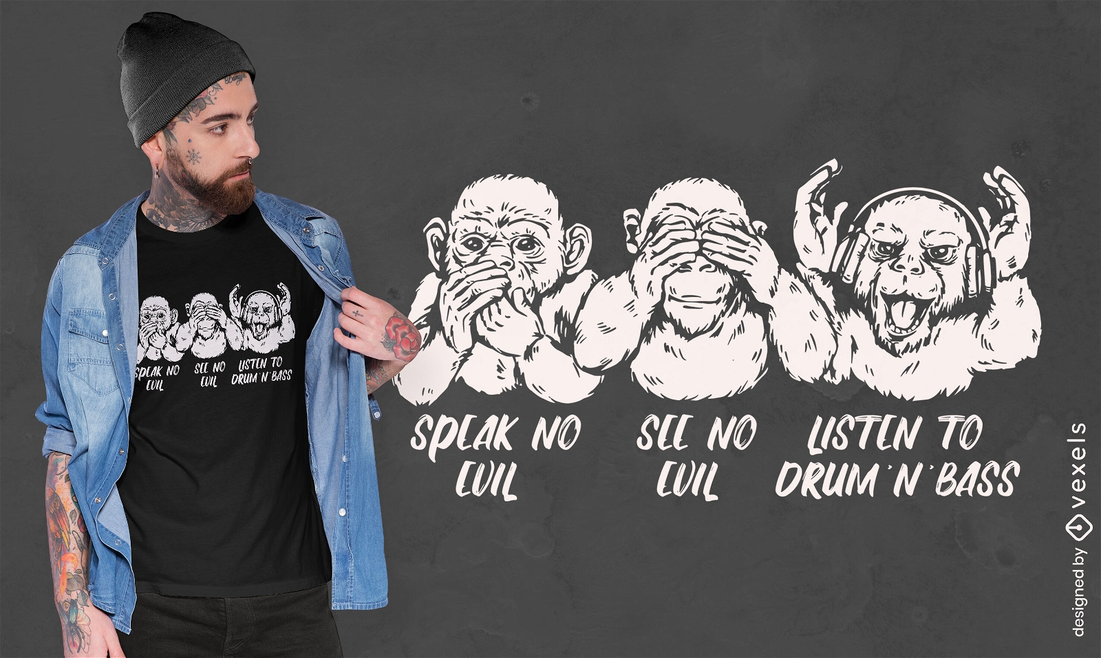 Diseño divertido de camiseta de música de mono de batería y bajo