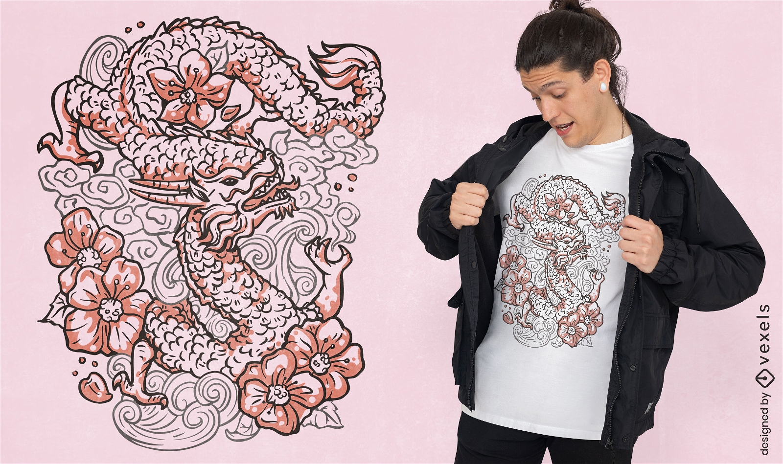 Diseño de camiseta oriental de dragón floral.