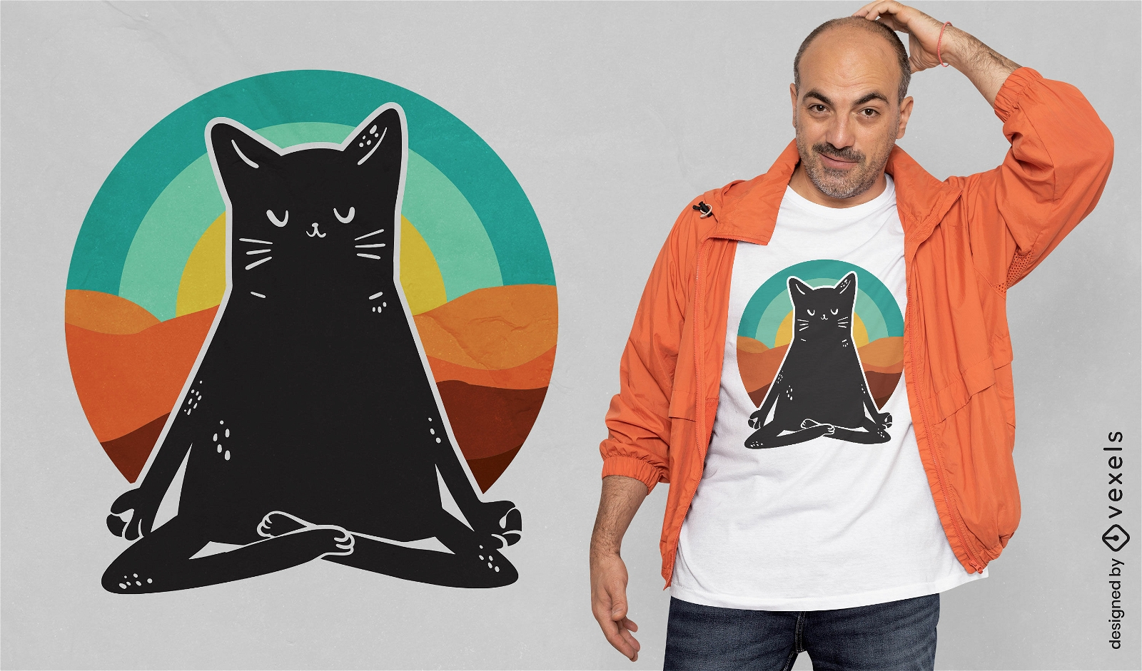 Black cat in yoga position retro t-shirt design
