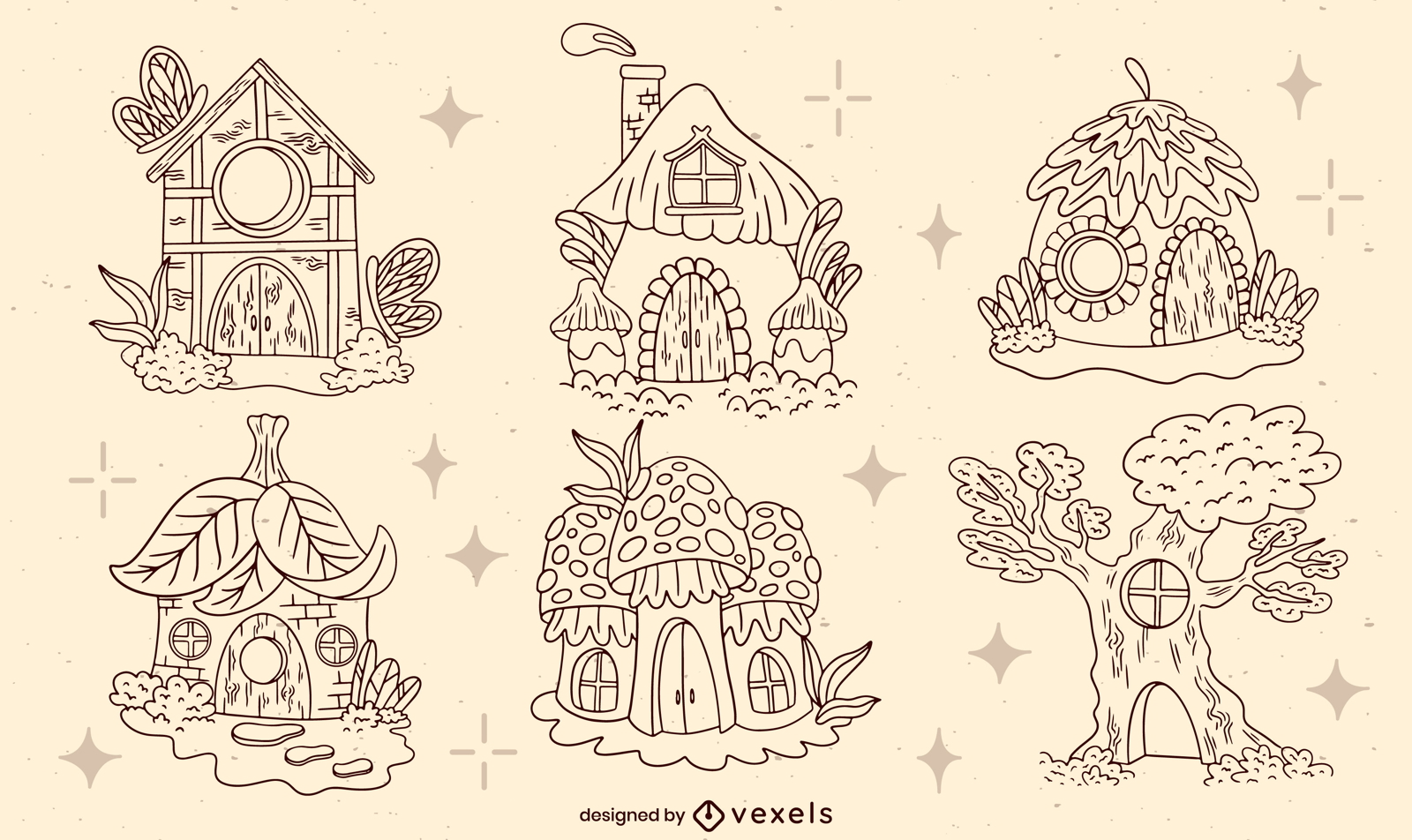 Fairytale cabins and houses vector set