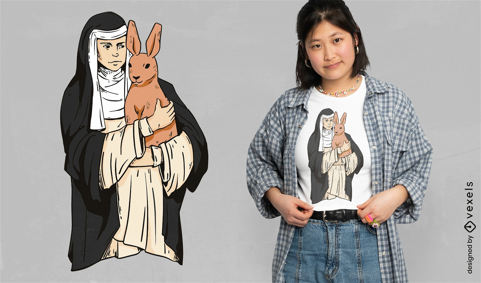 Monja con diseño de camiseta religiosa de conejo.