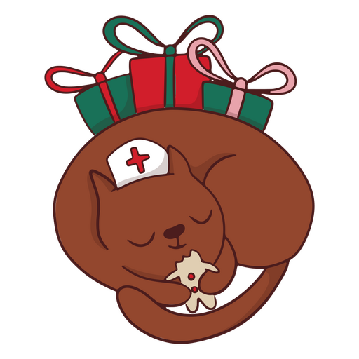 Cat is sleeping with presents on it's back PNG Design