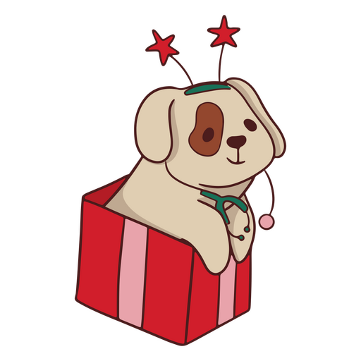 Perro sentado en una caja de regalo con estrellas Diseño PNG