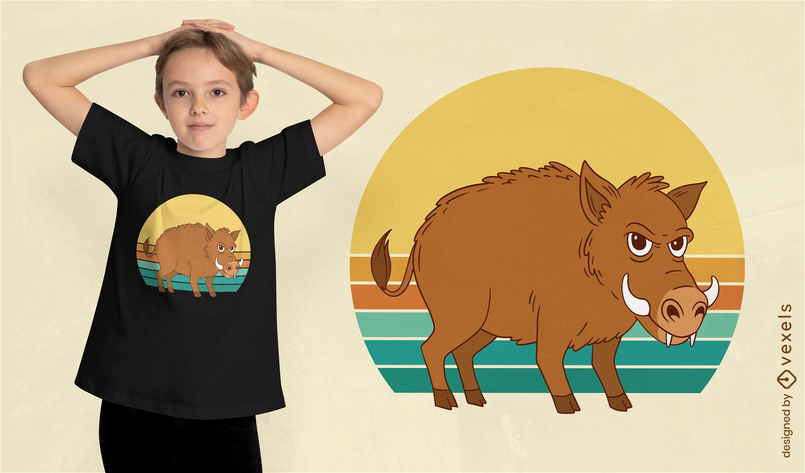 Angry boar retro sunset t-shirt design