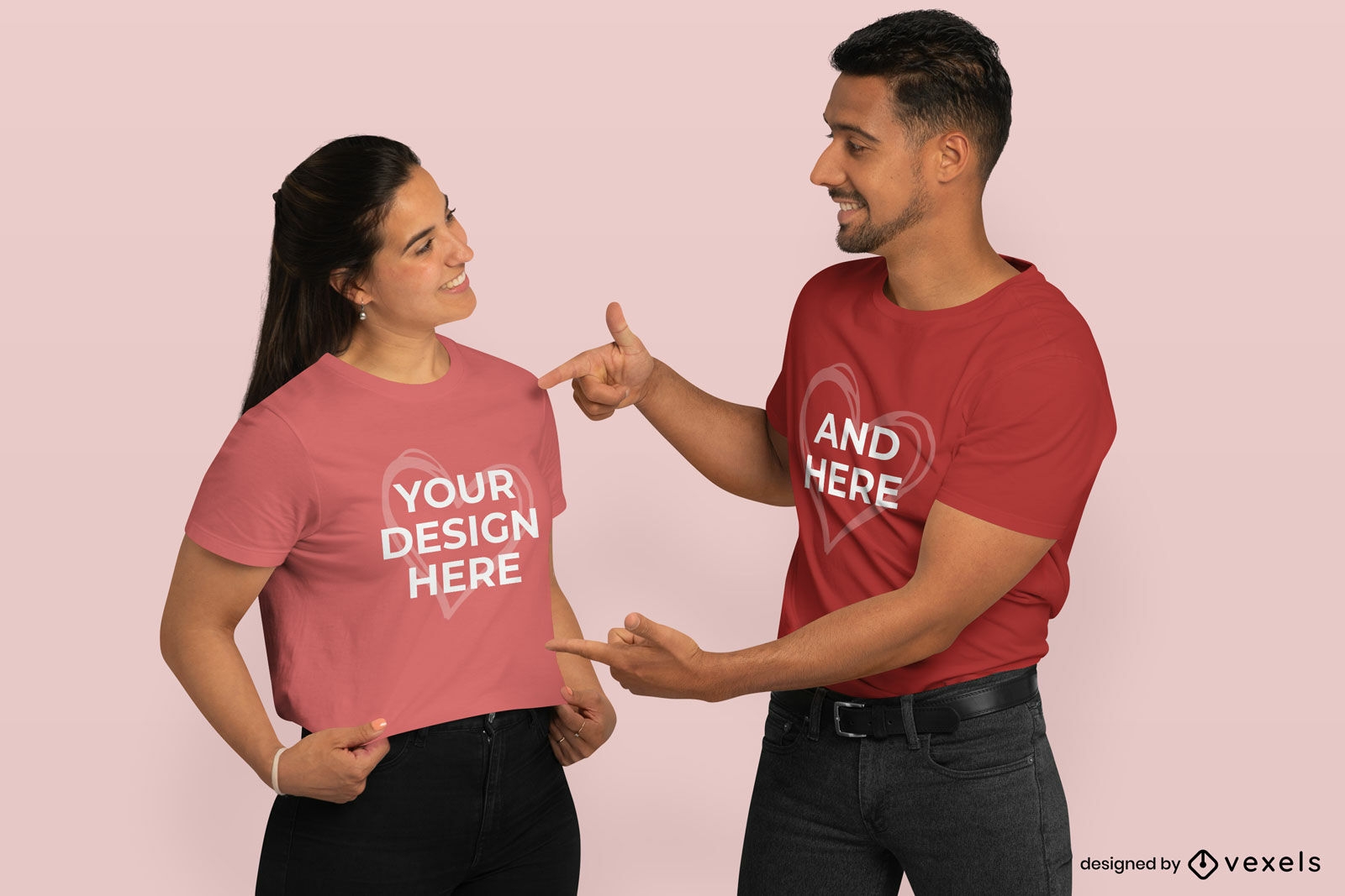 Man pointing at girlfriend's t-shirt mockup
