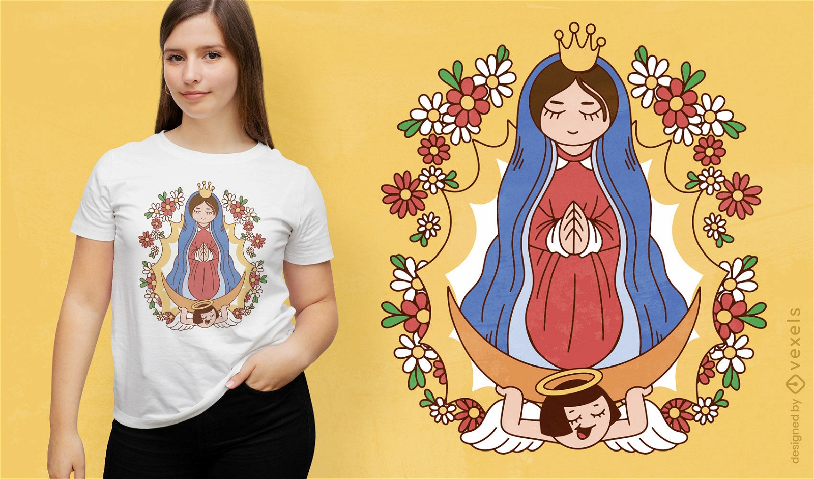Diseño de camiseta religiosa Virgen de Guadalupe.