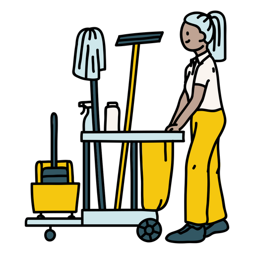 Mujer con un trapeador y productos de limpieza en un carro Diseño PNG