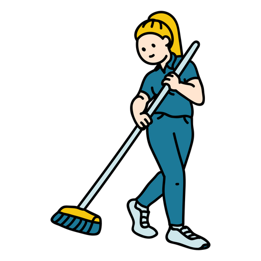 Woman in blue clothes cleaning with a broom PNG Design