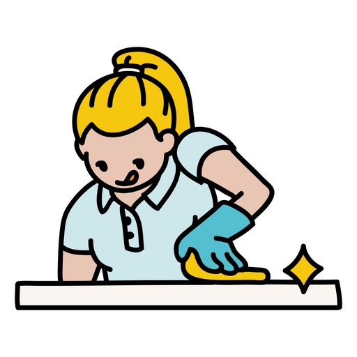 Mujer limpiando una mesa con un paño amarillo Diseño PNG