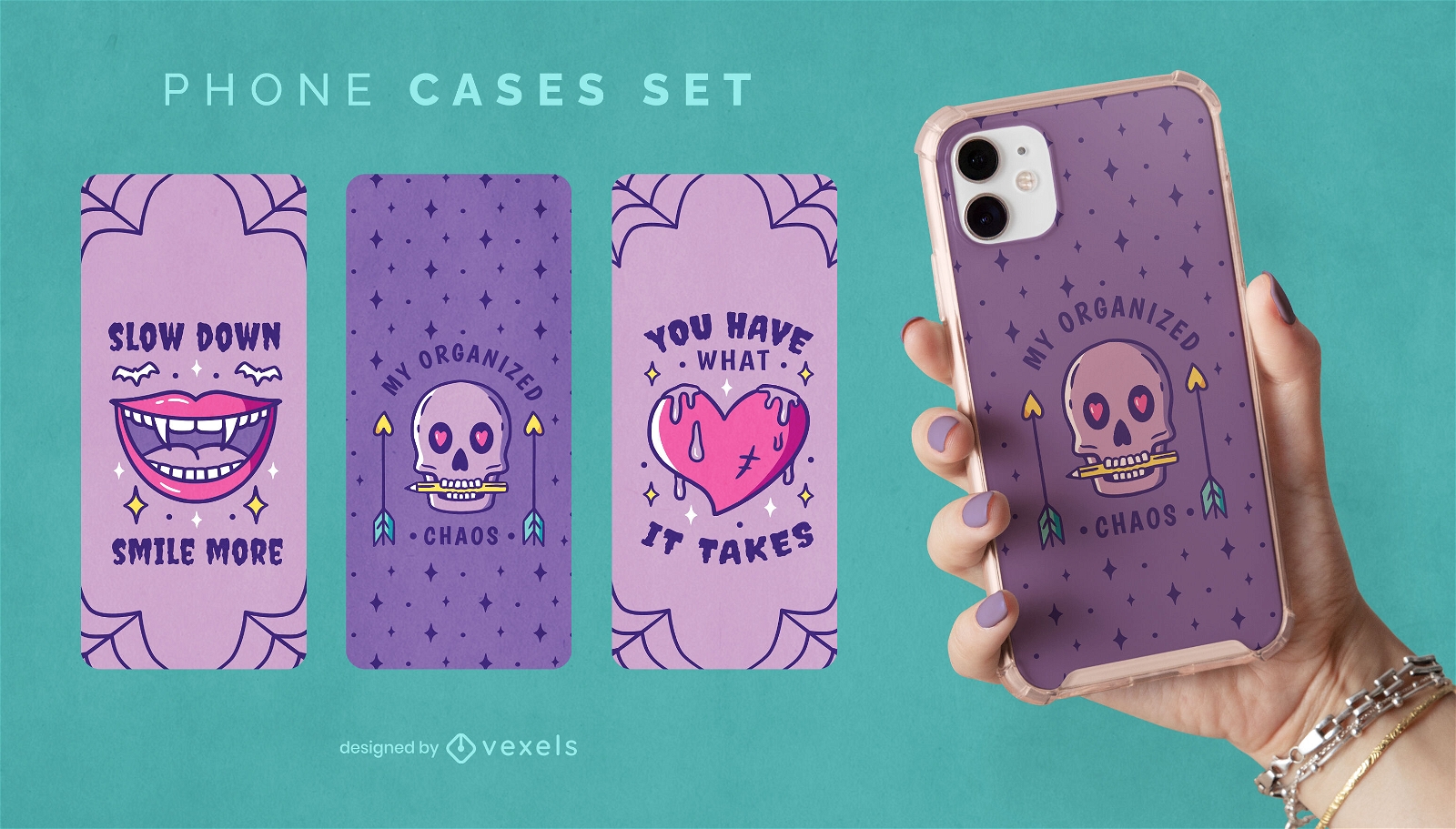 Conjunto de capas de telefone de monstros fofos góticos pastel