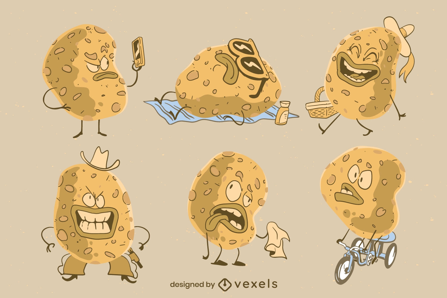 Kartoffelchip-Snack-Food-Charakter-Cartoon-Set