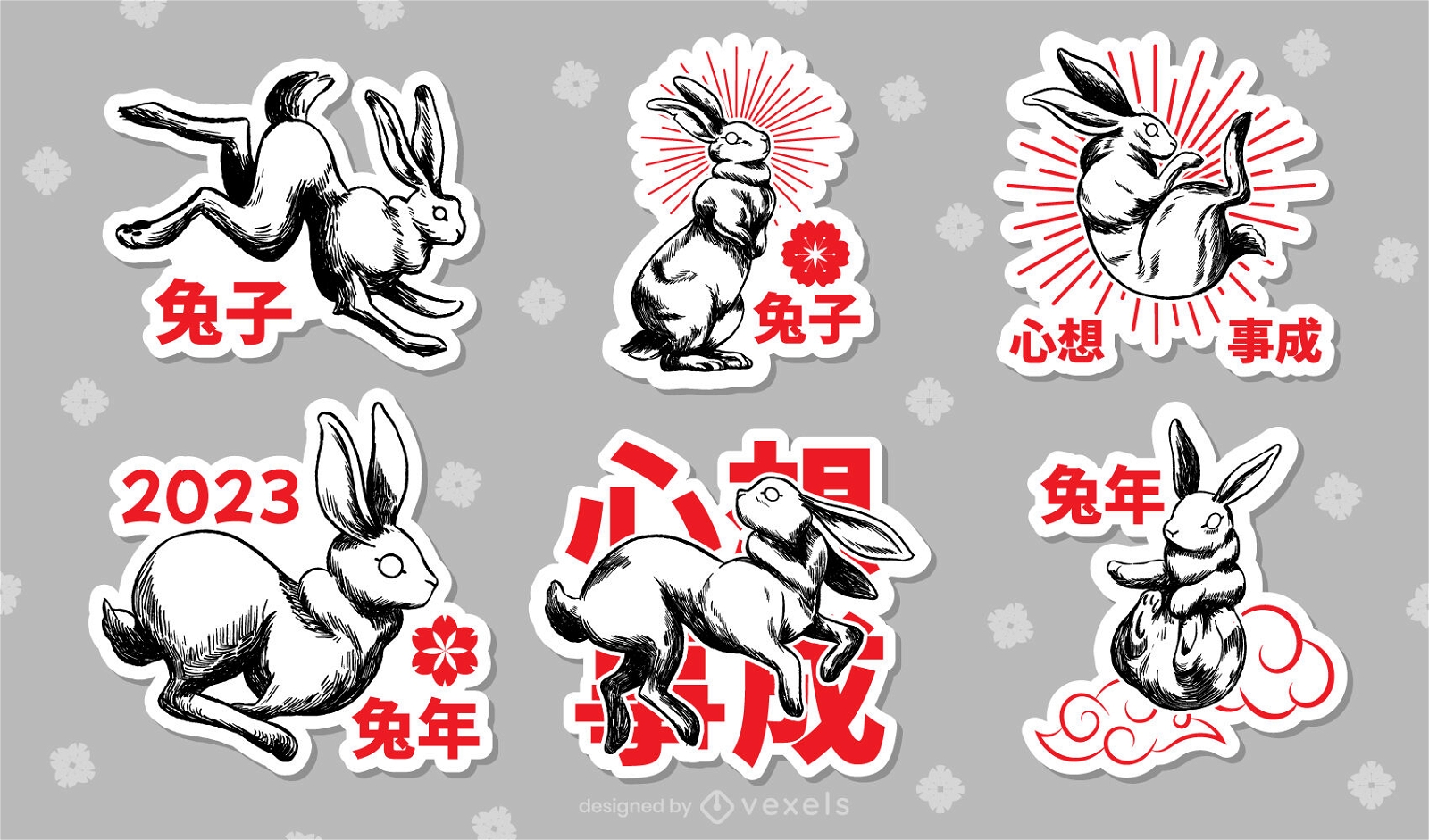 Rabbits For Chinese New Year Sticker Set Vector Download