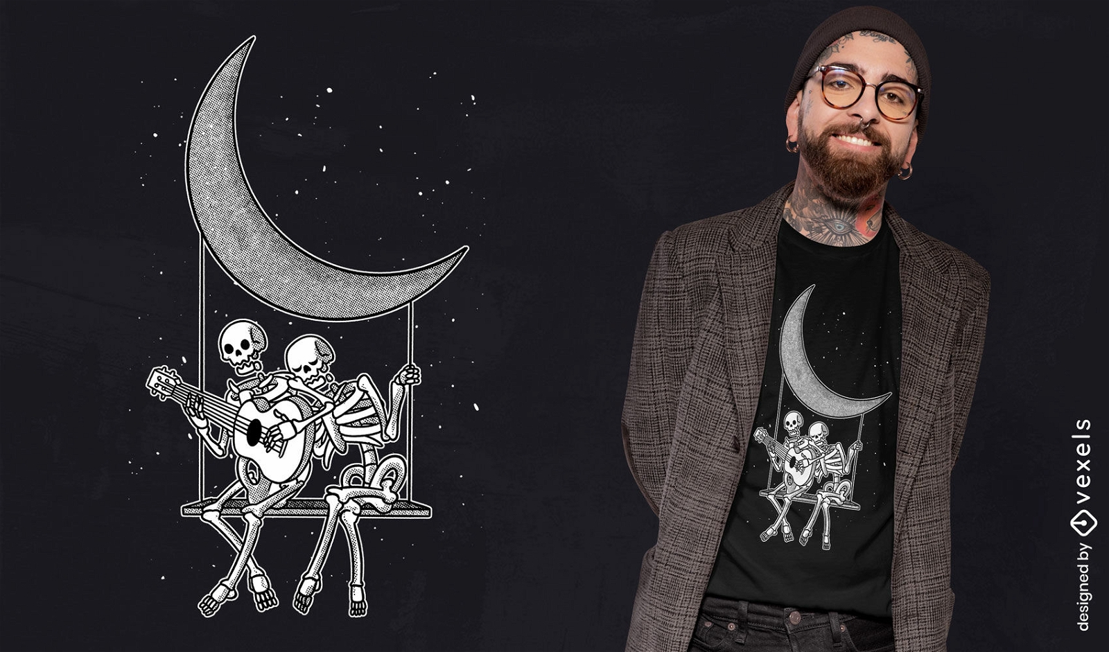 Diseño de camiseta de pareja de esqueleto de luna.