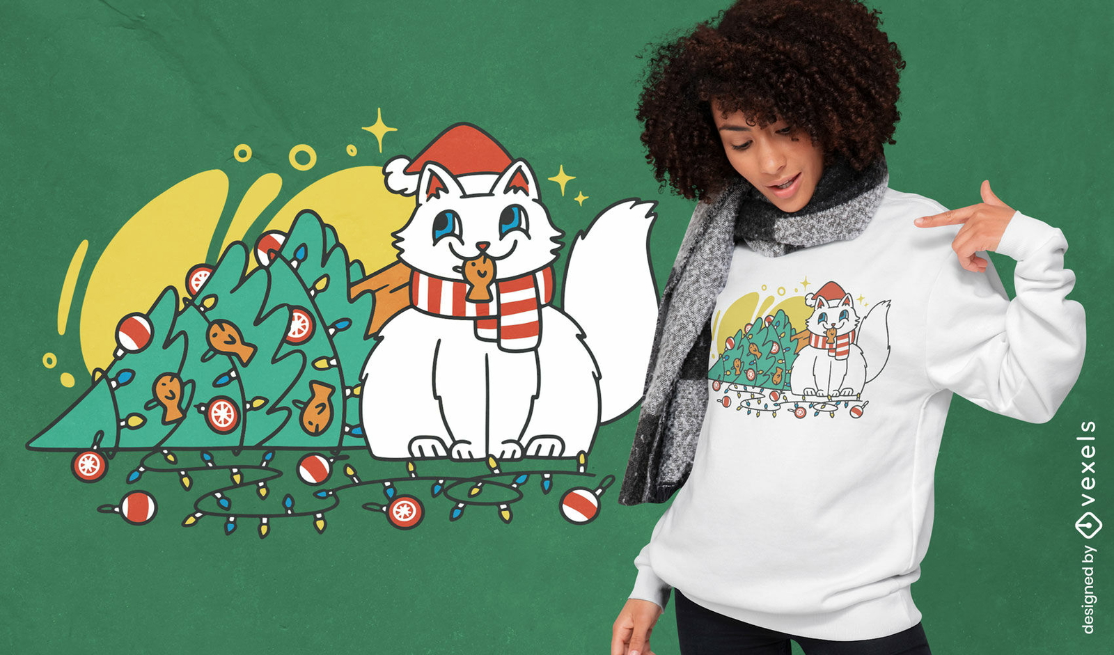 Diseño de camiseta de gato navideño desordenado