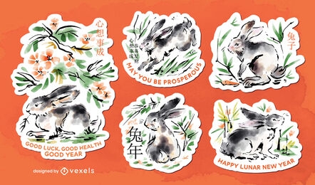 Watercolor rabbits chinese new year sticker set