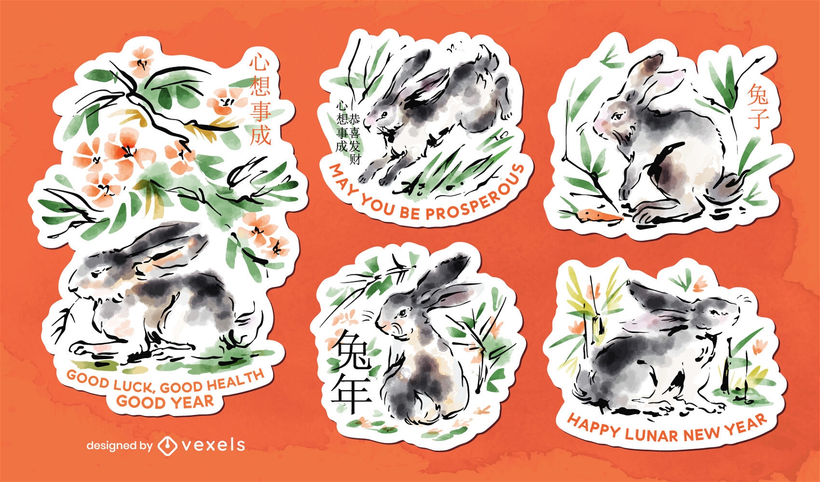 Conjunto de adesivos de ano novo chinês de coelhos em aquarela