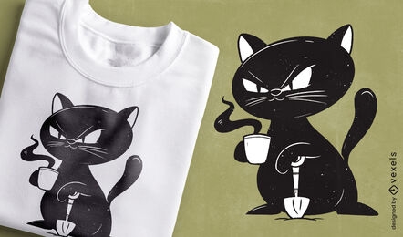 Design de camiseta de gato preto louco bebendo café