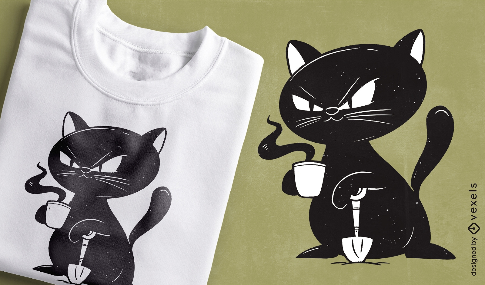 Mad black cat drinking coffee t-shirt design