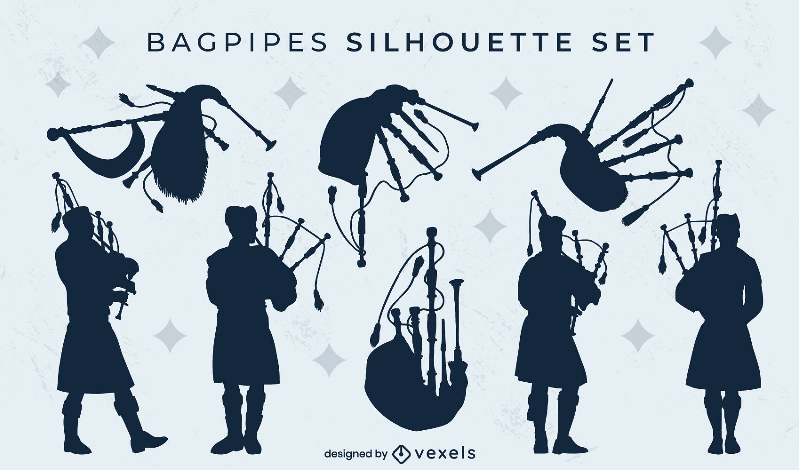 Bagpipe scottish music instrument silhouette set