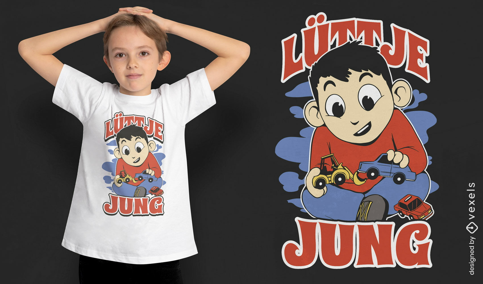 Niño jugando diseño de camiseta de coches de juguete.