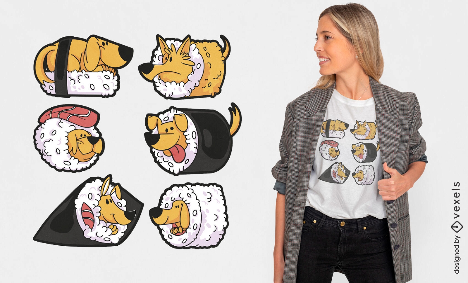 Diseño de camiseta de comida de animales de perro de sushi.