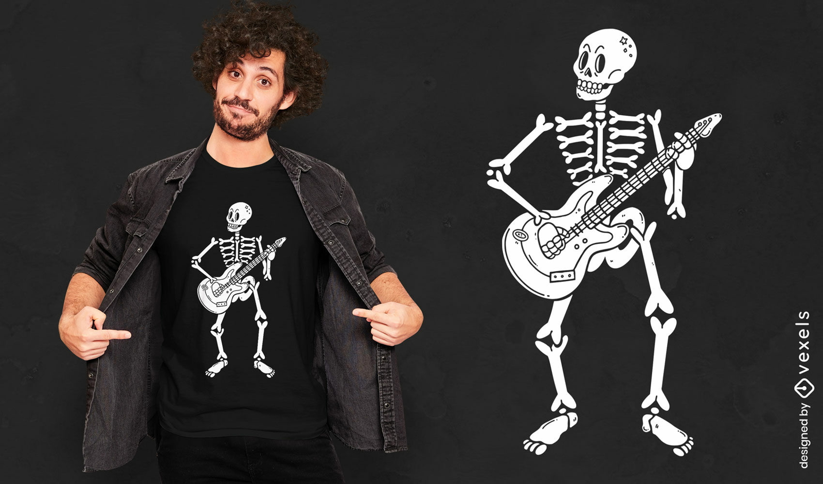 Esqueleto tocando diseño de camiseta de guitarra eléctrica.