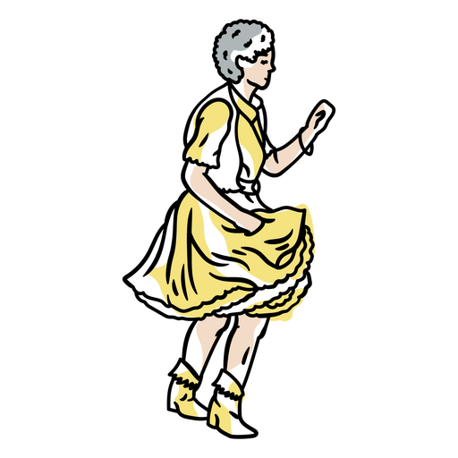 Mujer con un vestido amarillo está bailando. Diseño PNG