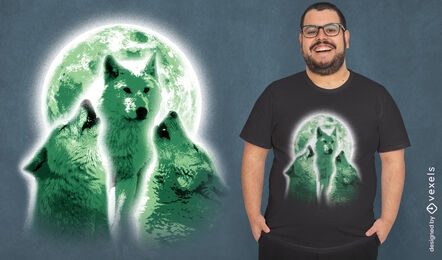 Diseño de camiseta de lobos aullando a la luna.