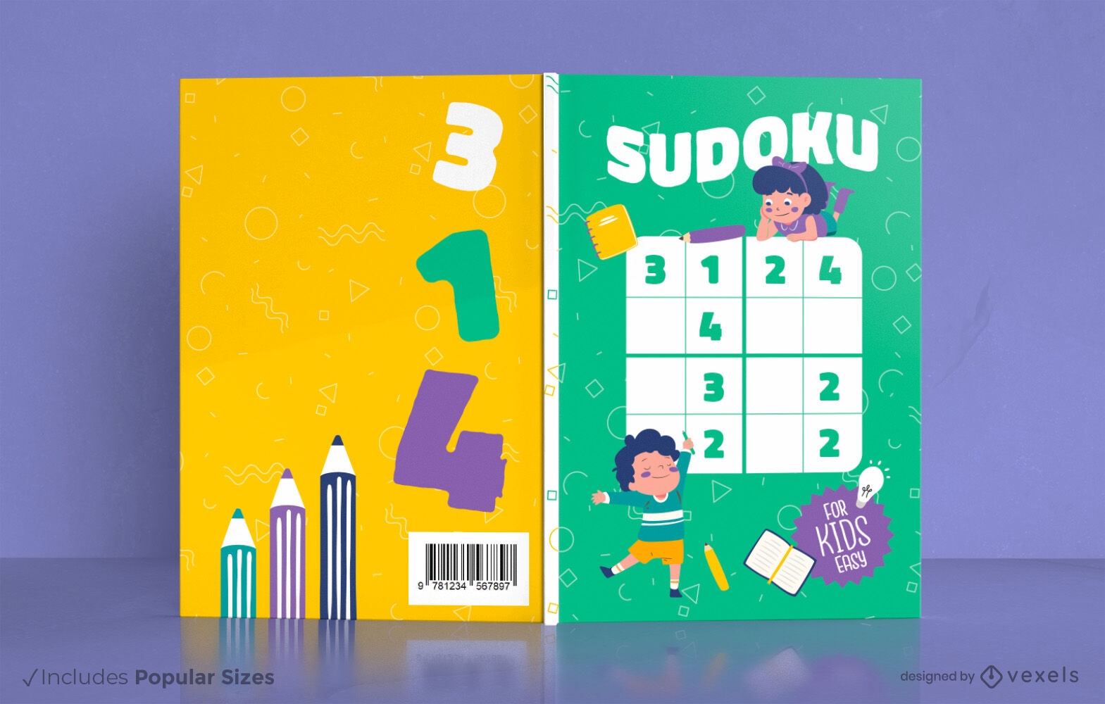 Niños haciendo diseño de portada de libro de sudoku.