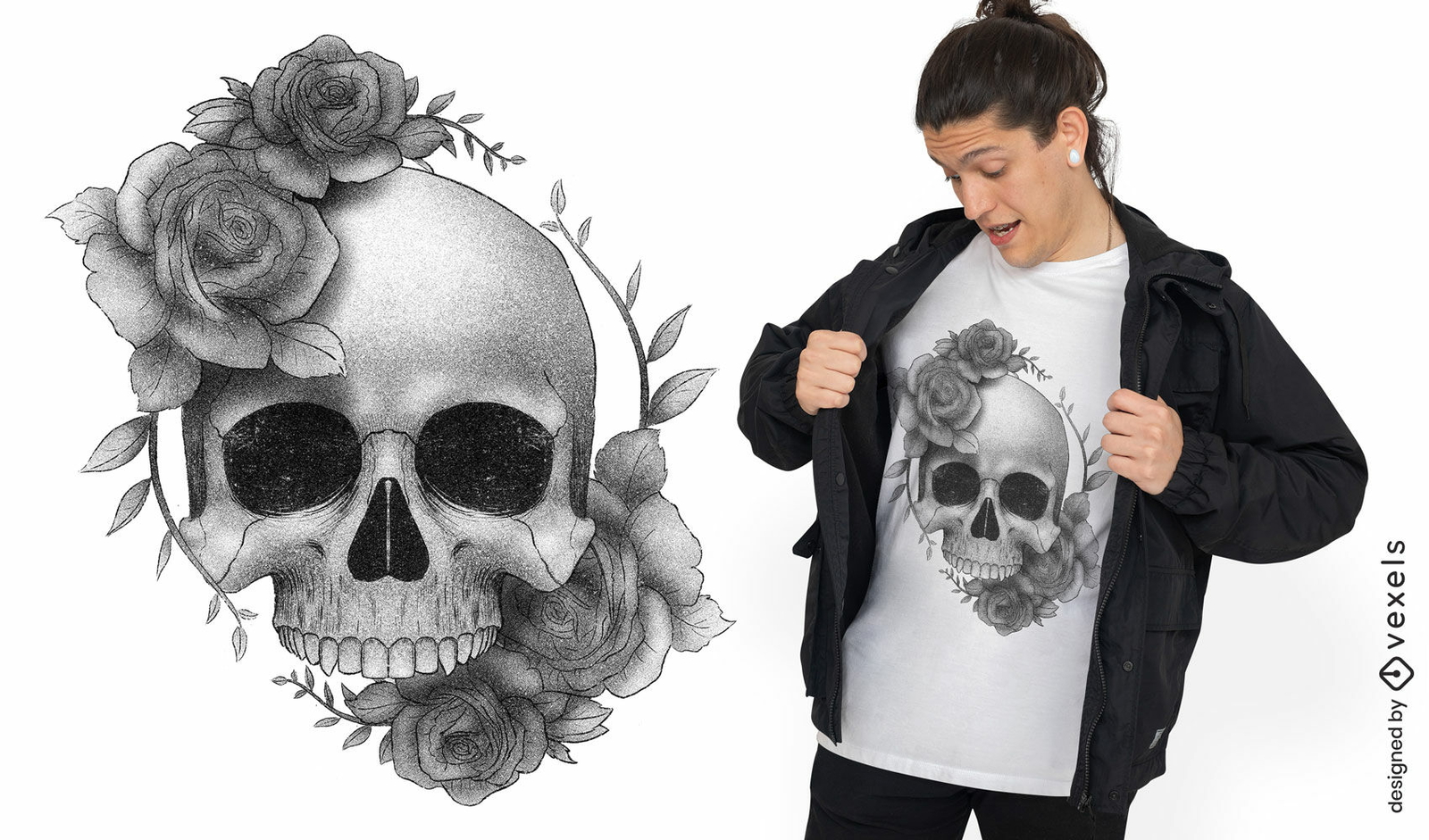 Calavera con diseño de camiseta de flores rosas.