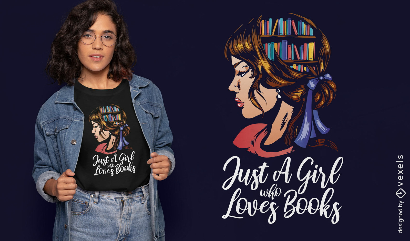 Chica con diseño de camiseta de hobby de libros.