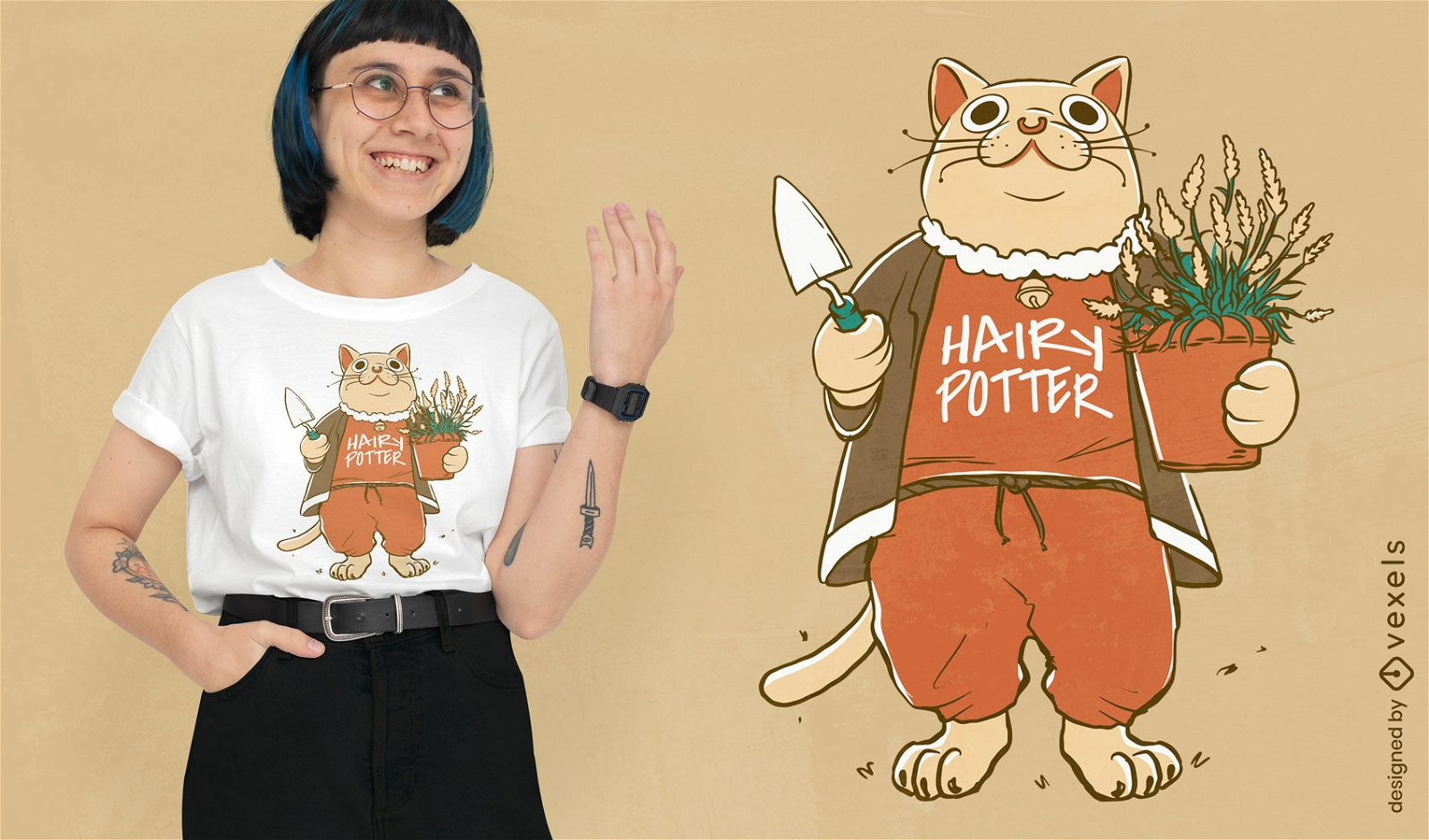 Animal gato com design de camiseta de planta