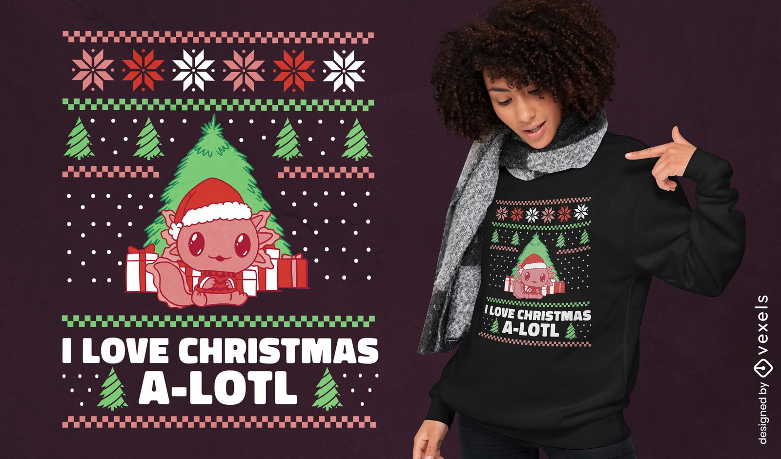 Lindo diseño de camiseta de suéter de navidad axolotl