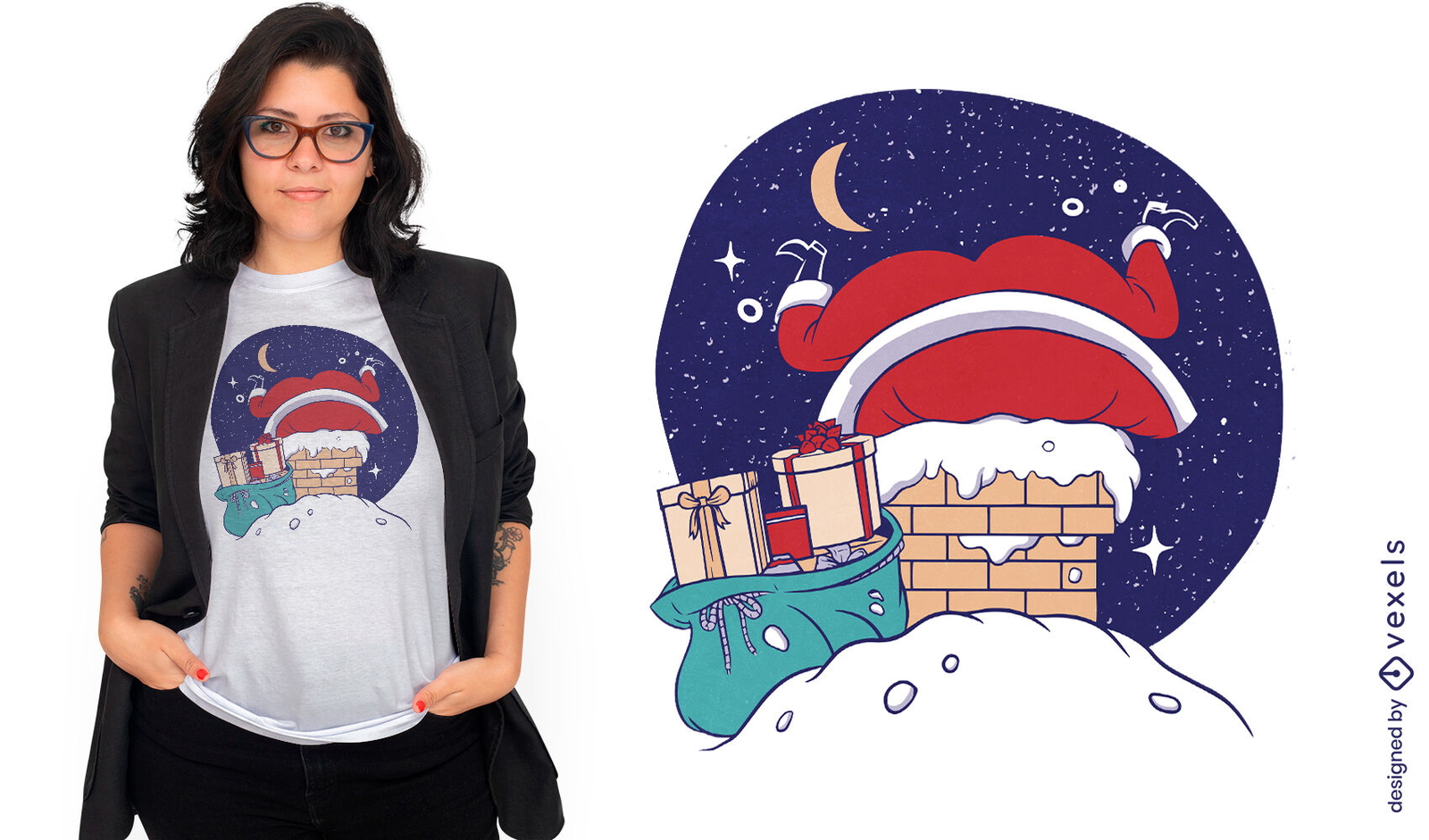 Santa claus atrapado en el diseño de la camiseta de la chimenea