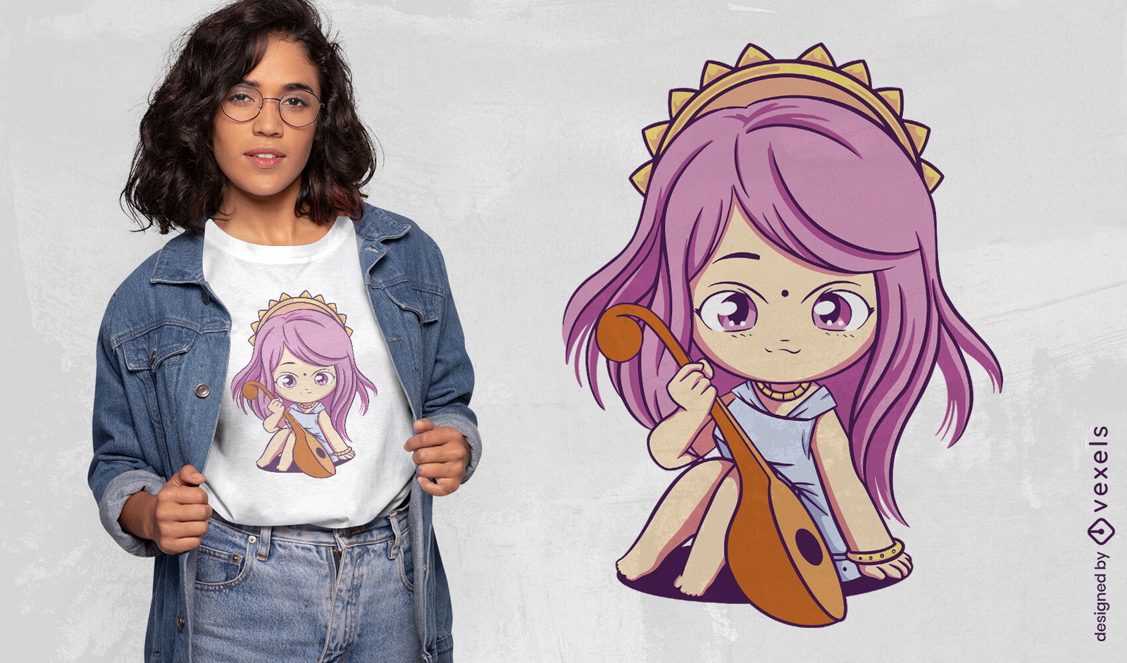 Diseño de camiseta de diosa hindú saraswati chibi